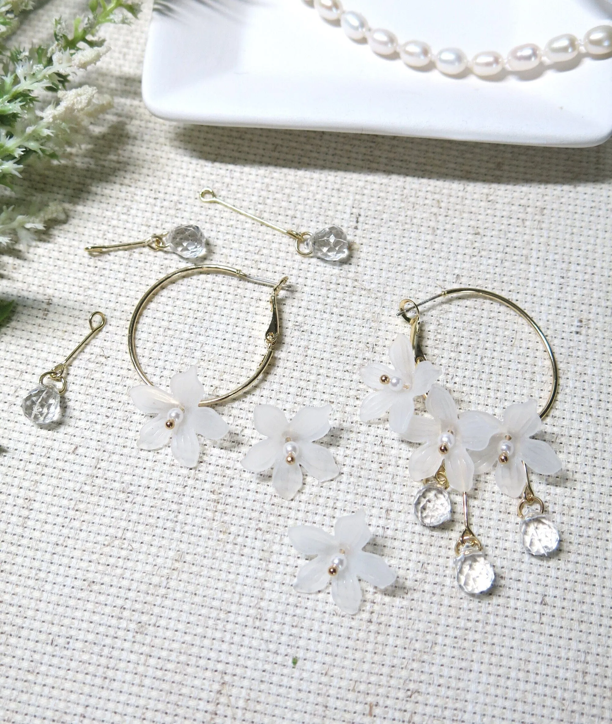 White Flower Charm Hoop Earrings, Wedding Bridal or Bridesmaid Omega Hoops, Wedding Gold Floral Czech Glass Earrings