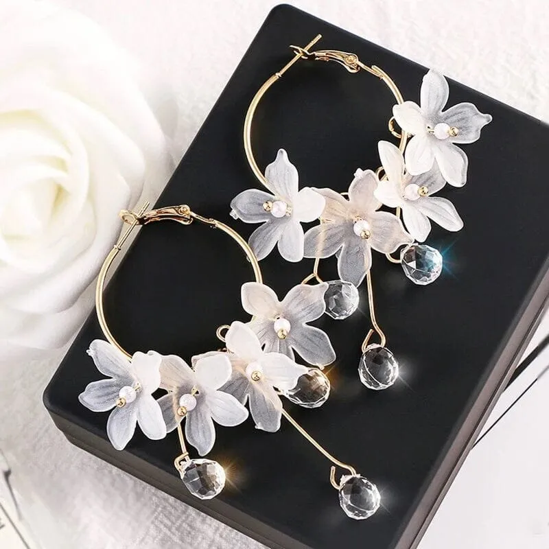 White Flower Charm Hoop Earrings, Wedding Bridal or Bridesmaid Omega Hoops, Wedding Gold Floral Czech Glass Earrings