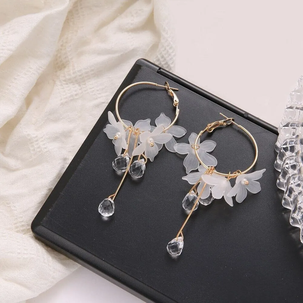 White Flower Charm Hoop Earrings, Wedding Bridal or Bridesmaid Omega Hoops, Wedding Gold Floral Czech Glass Earrings