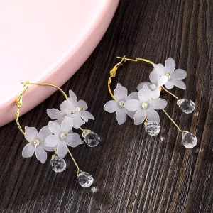White Flower Charm Hoop Earrings, Wedding Bridal or Bridesmaid Omega Hoops, Wedding Gold Floral Czech Glass Earrings