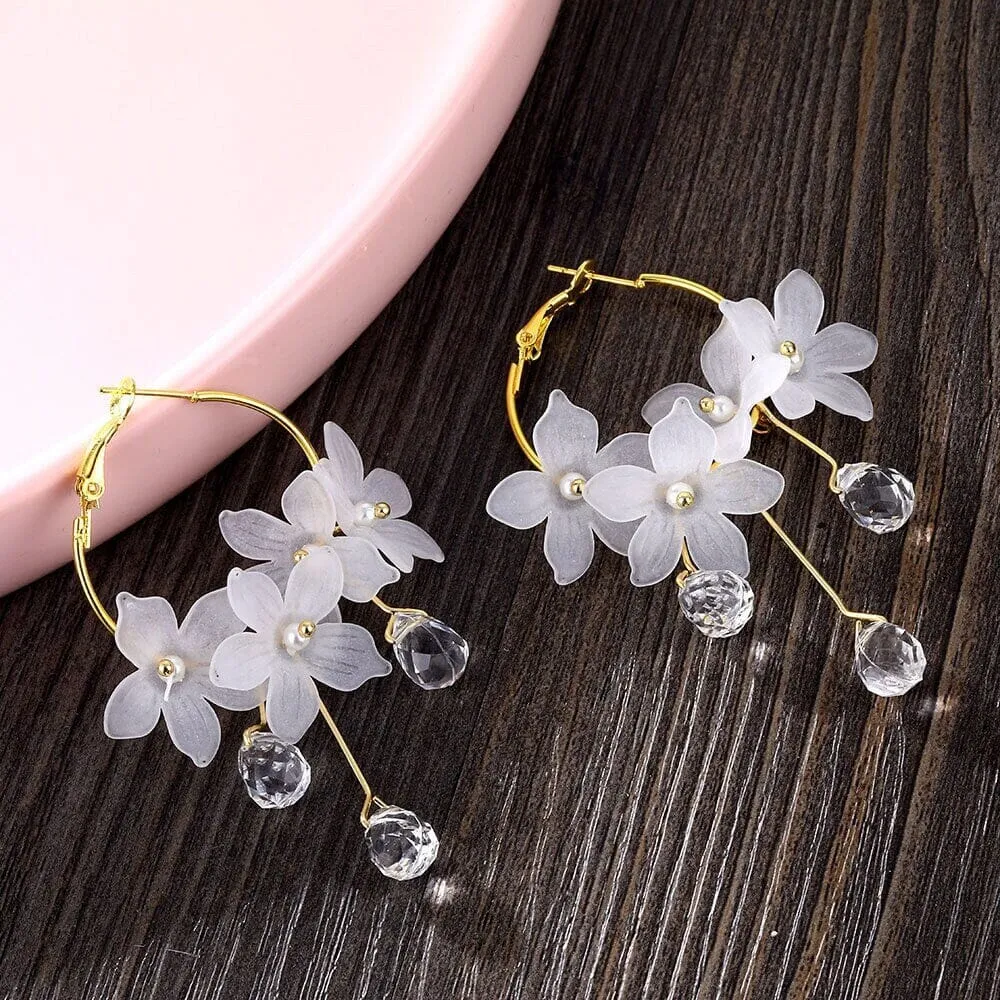 White Flower Charm Hoop Earrings, Wedding Bridal or Bridesmaid Omega Hoops, Wedding Gold Floral Czech Glass Earrings
