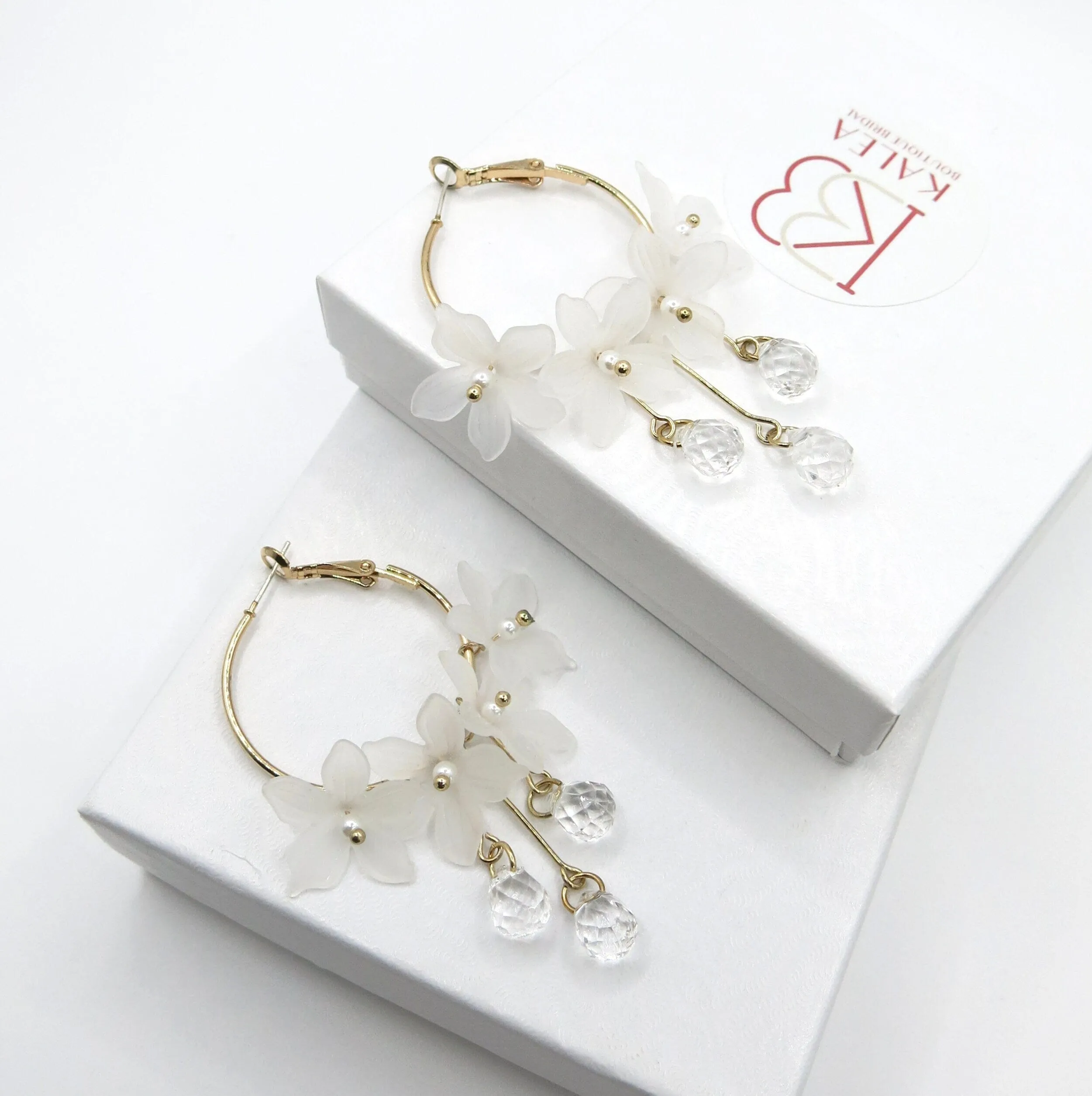 White Flower Charm Hoop Earrings, Wedding Bridal or Bridesmaid Omega Hoops, Wedding Gold Floral Czech Glass Earrings
