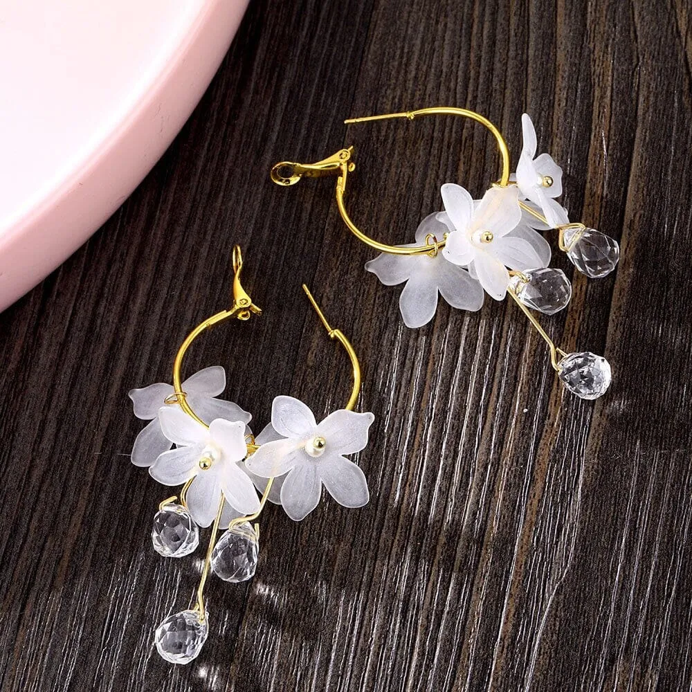 White Flower Charm Hoop Earrings, Wedding Bridal or Bridesmaid Omega Hoops, Wedding Gold Floral Czech Glass Earrings