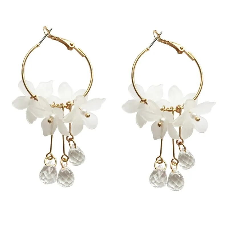 White Flower Charm Hoop Earrings, Wedding Bridal or Bridesmaid Omega Hoops, Wedding Gold Floral Czech Glass Earrings