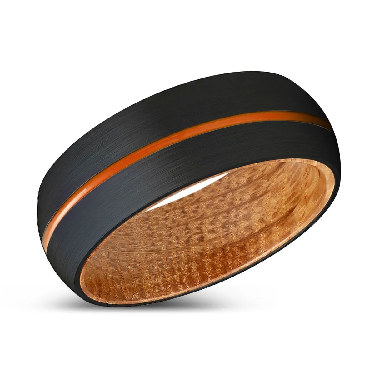 WINDROSE | Whiskey Barrel Wood, Black Tungsten Ring, Orange Groove, Domed