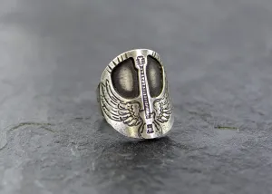 Winged guitar on  sterling silver saddle ring