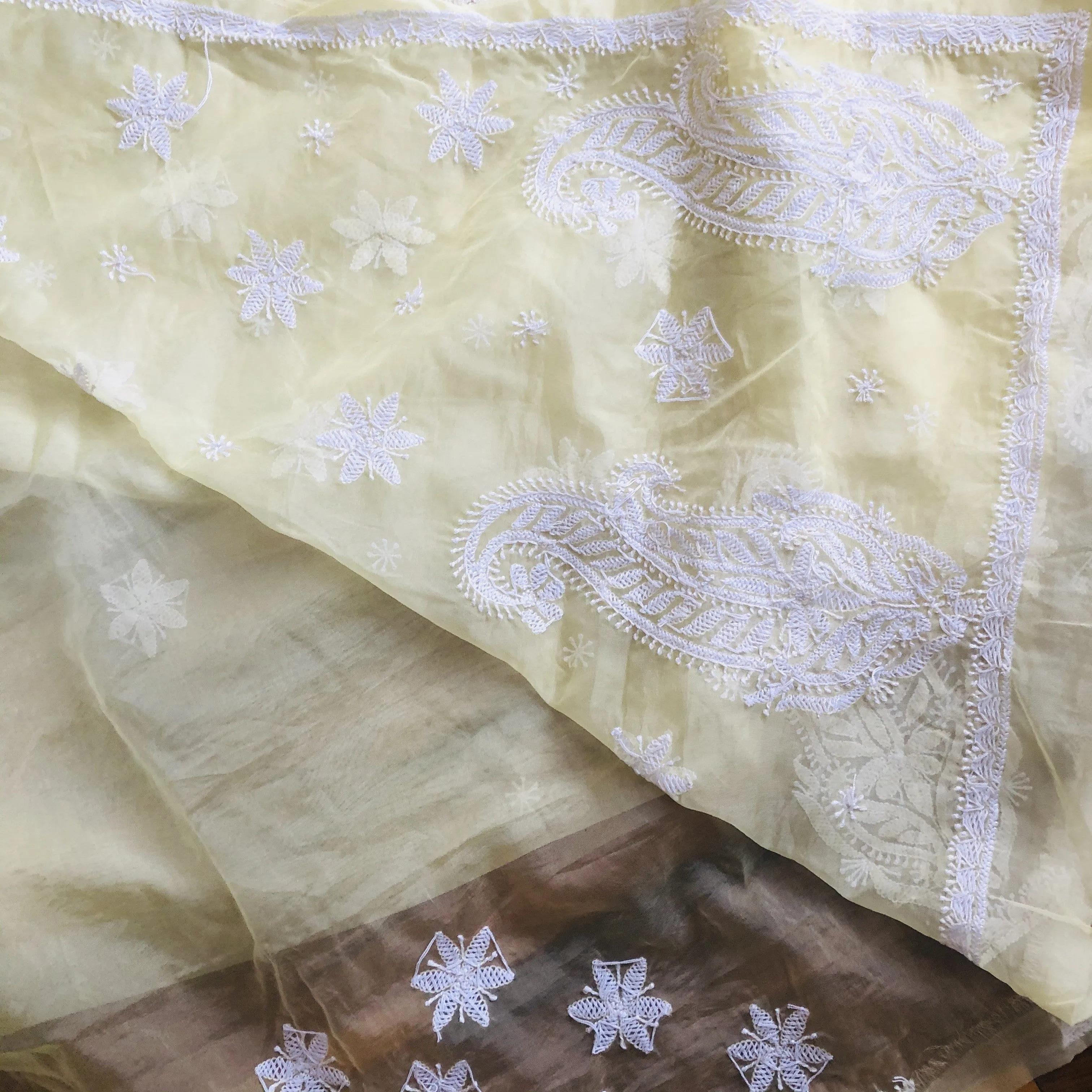Yellow Organza Chikankari Saree