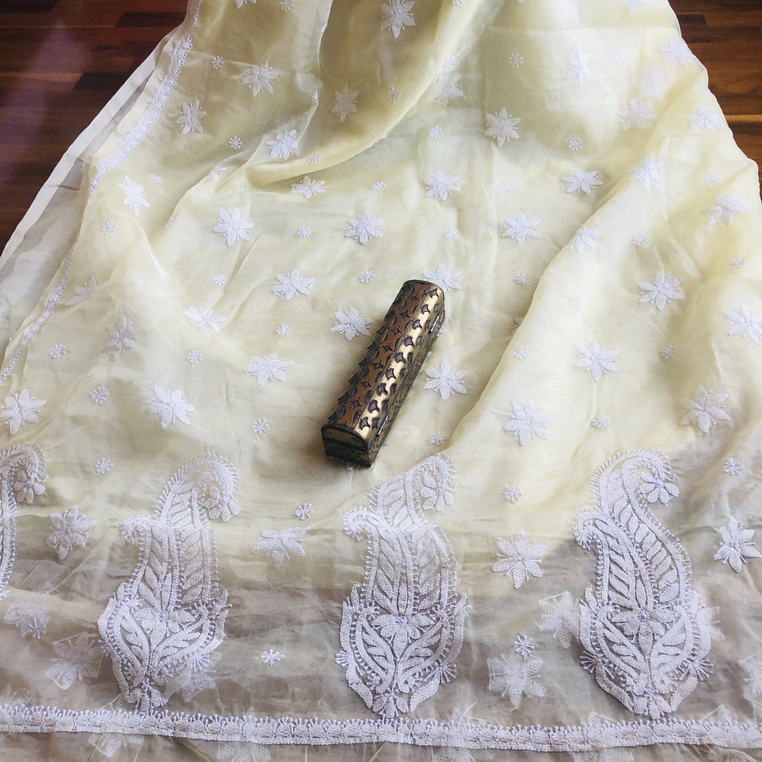 Yellow Organza Chikankari Saree