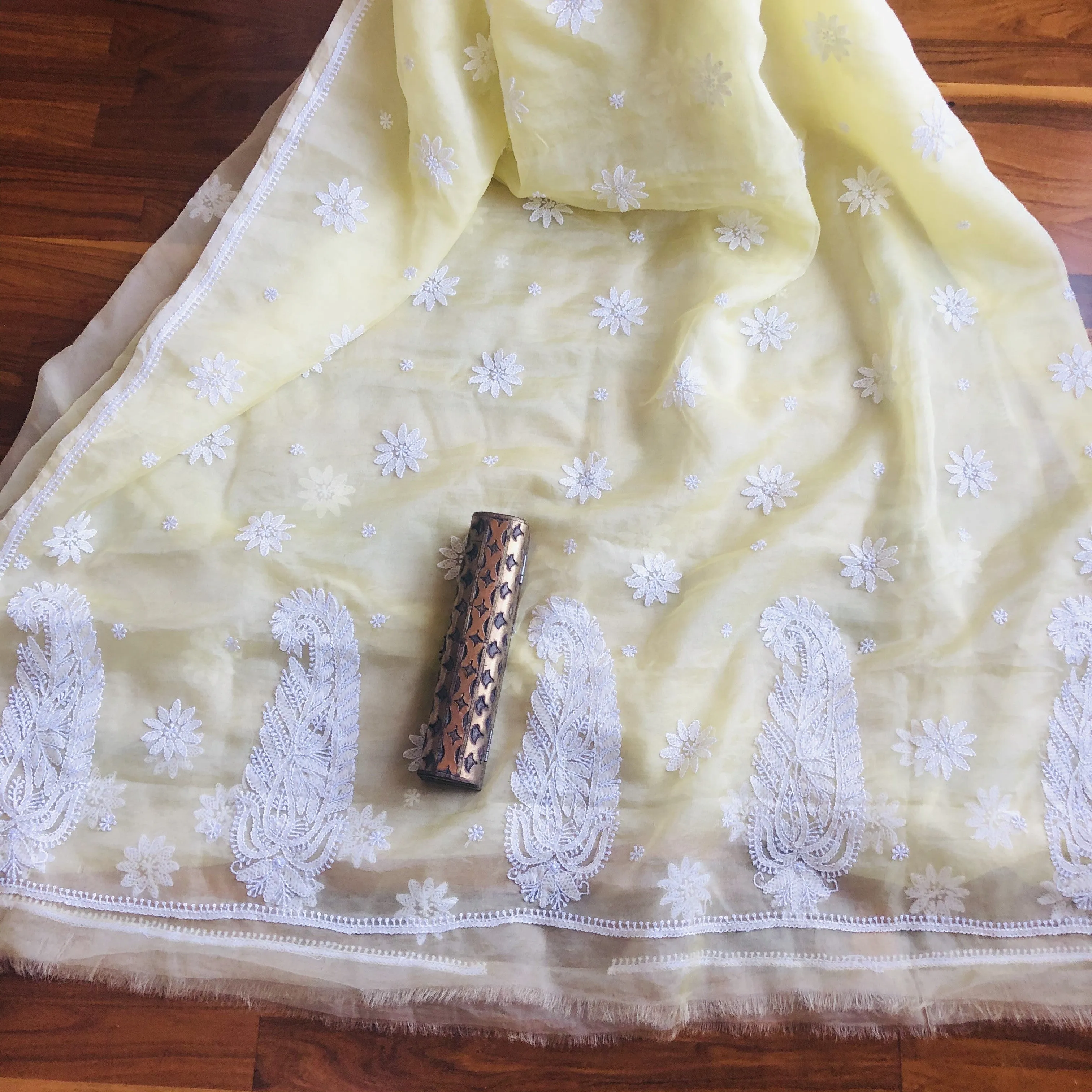 Yellow Organza Chikankari Saree