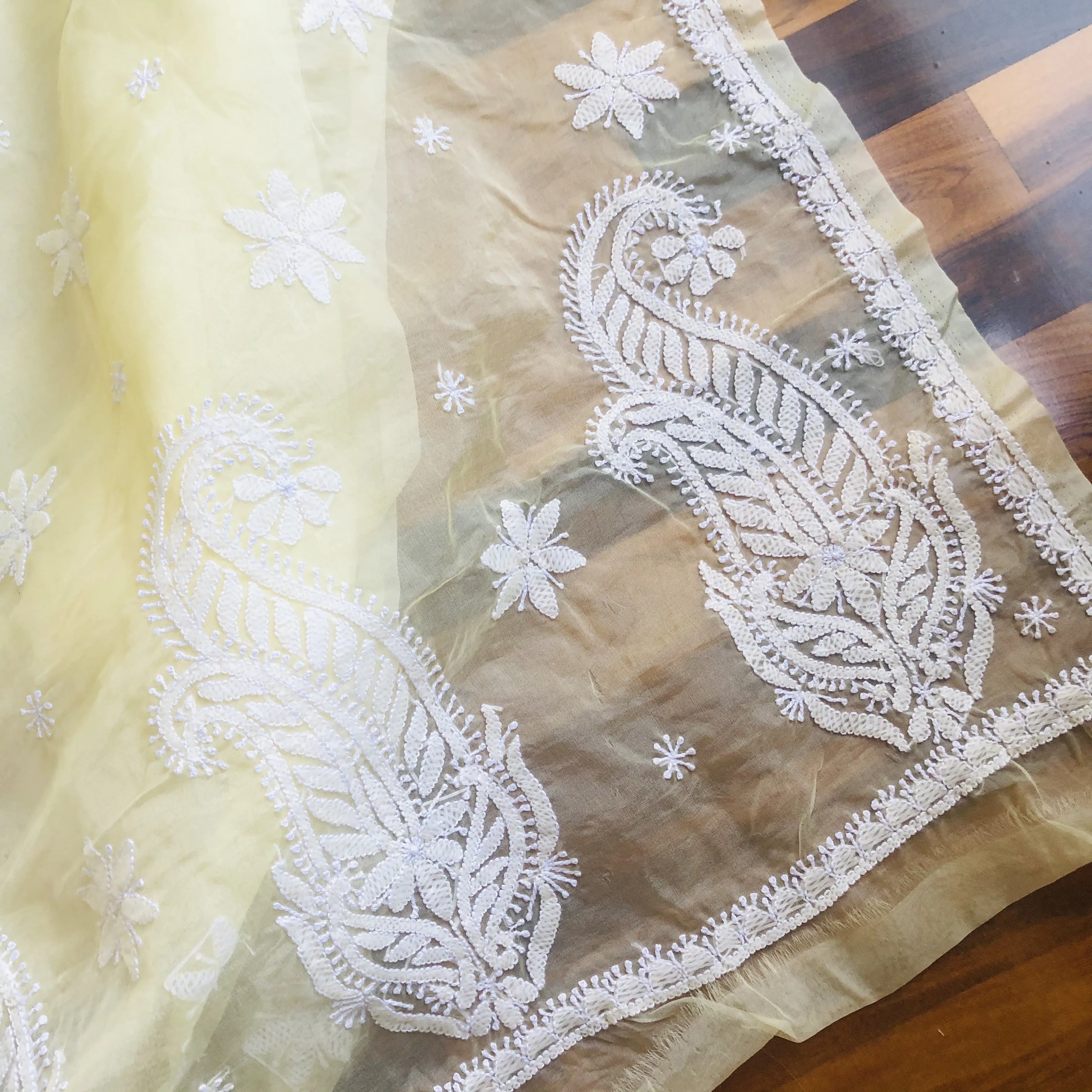 Yellow Organza Chikankari Saree