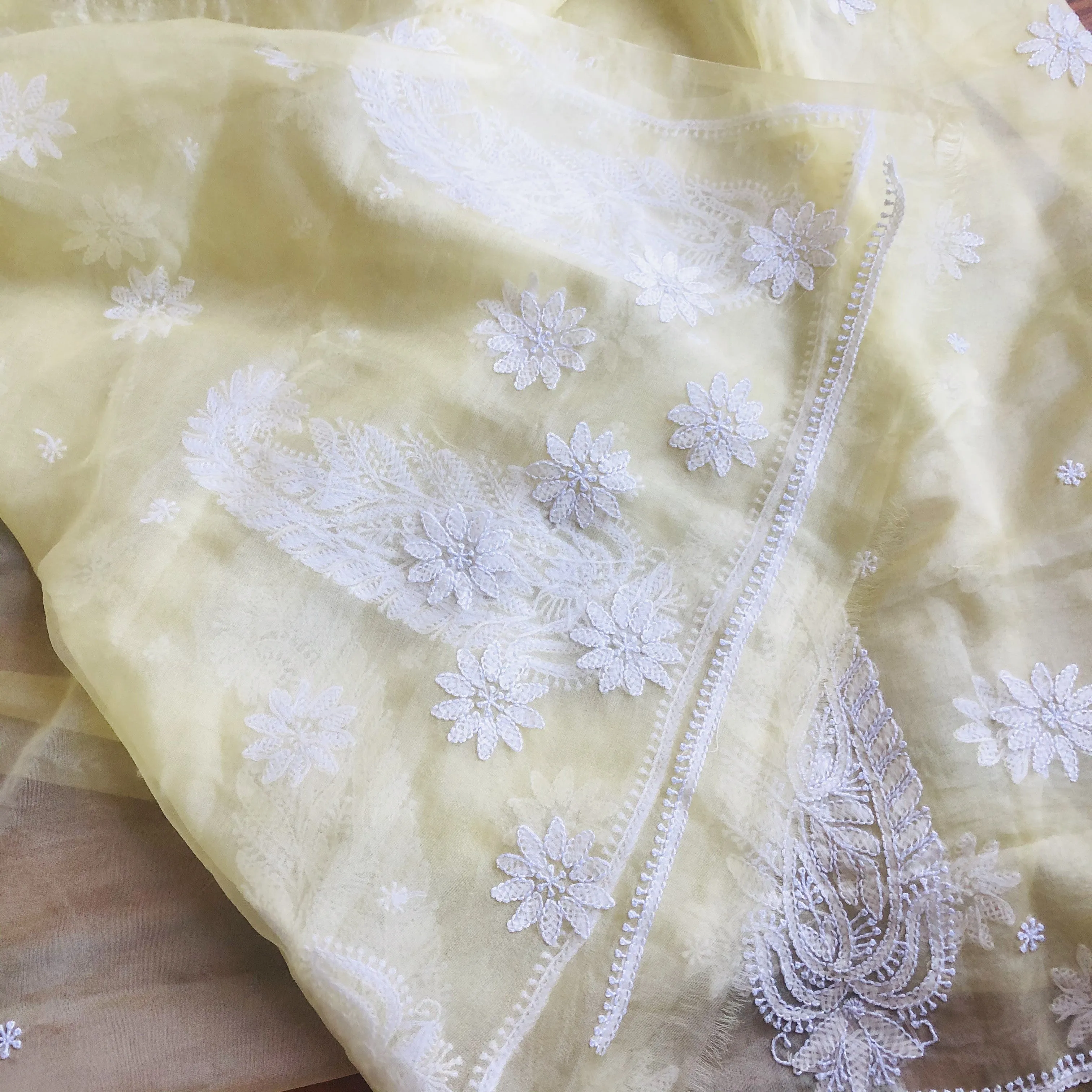Yellow Organza Chikankari Saree